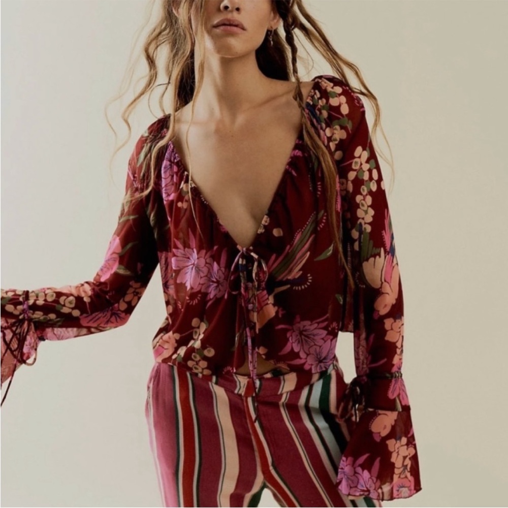 Free People Of Paradise Floral Bell Sleeve Sheer Airy Tie Crop Top Blouse NEW